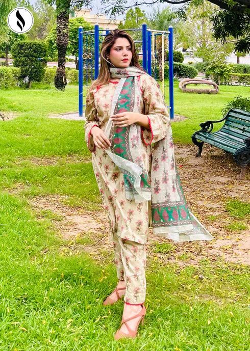 NZSC-612 3 Piece Tangerine Floral Co Ord Set Lawn