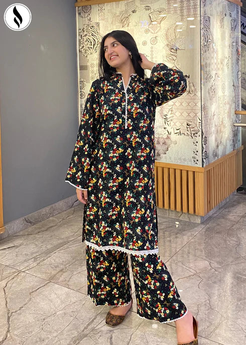 NZWC-1002 Stitched 2 Piece Dark Black Floral Co Ord Linen Set